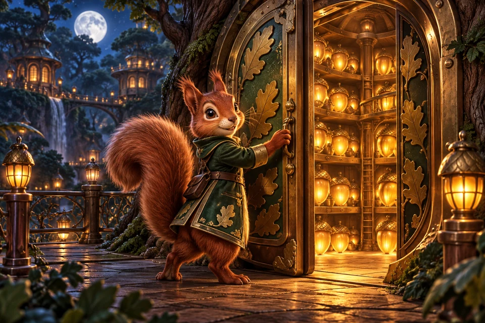A red squirrel curator turns an elaborate brass oak-leaf door revealing rows of luminous acorns in a midnight woodland granary