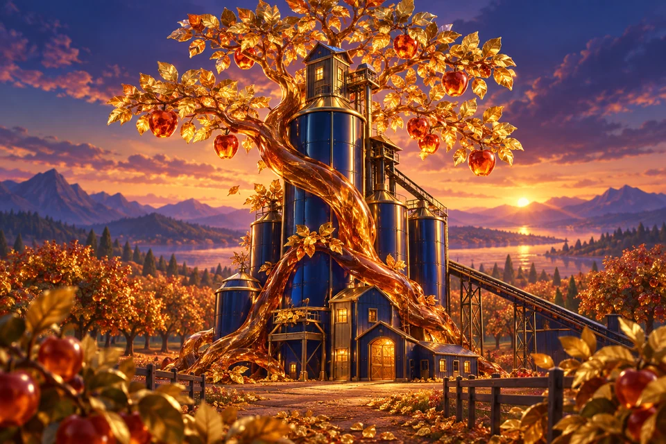 A sculpted amber apple tree grows around a brass grain elevator in an autumn orchard, golden leaves catching twilight above navy-blue machinery