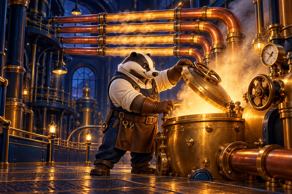 A sturdy badger engineer opens a gleaming brass boiler, amber steam traveling through five copper pipes across a deep navy factory