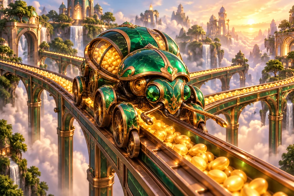 A jewel-green beetle drives a copper seed conveyor across five elevated tracks, glowing kernels moving through its ornate mechanical carapace
