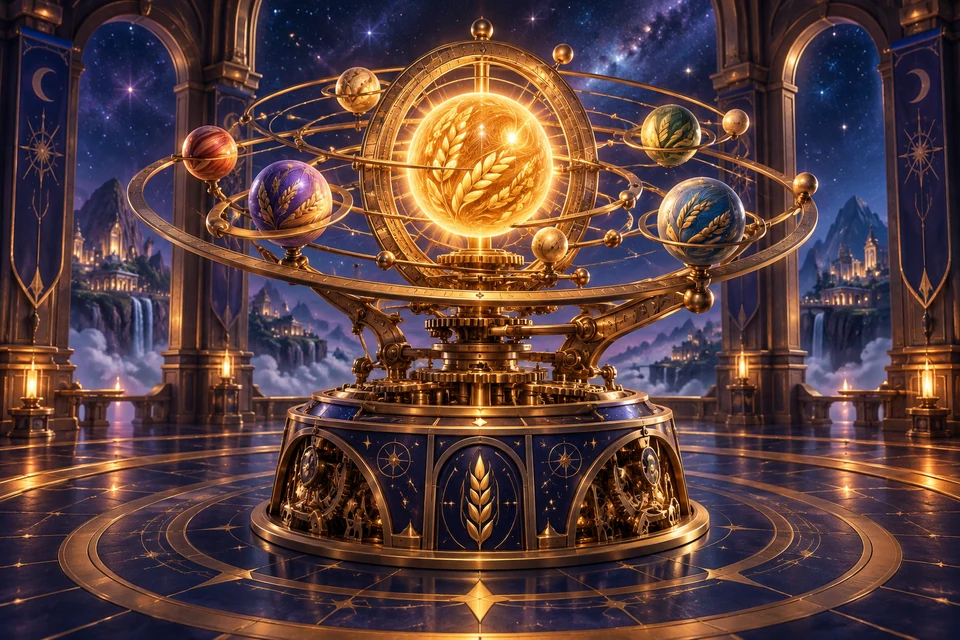 An intricate brass orrery turns glowing grain-shaped planets around an amber sun above an indigo precision mill, rich mechanical celestial depth