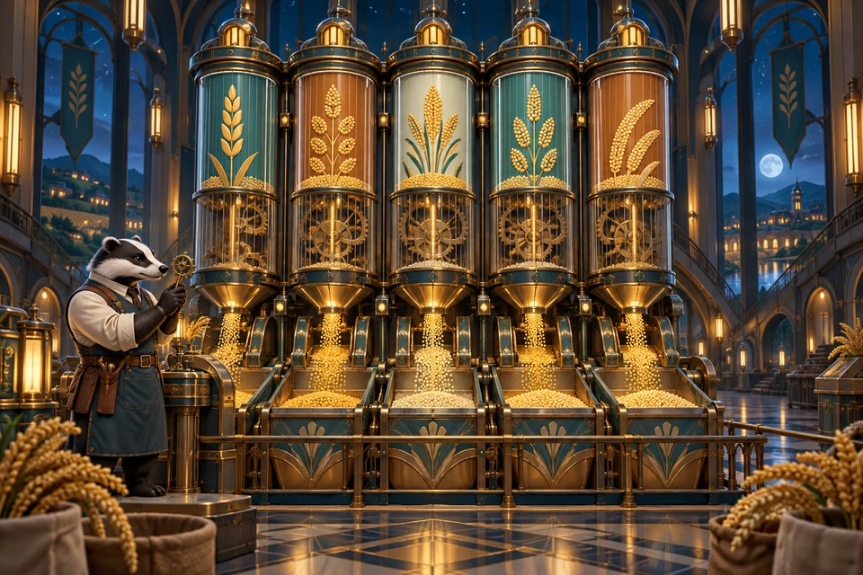 A badger millwright checks five brass and glass grain-sorting drums in an Art Deco granary