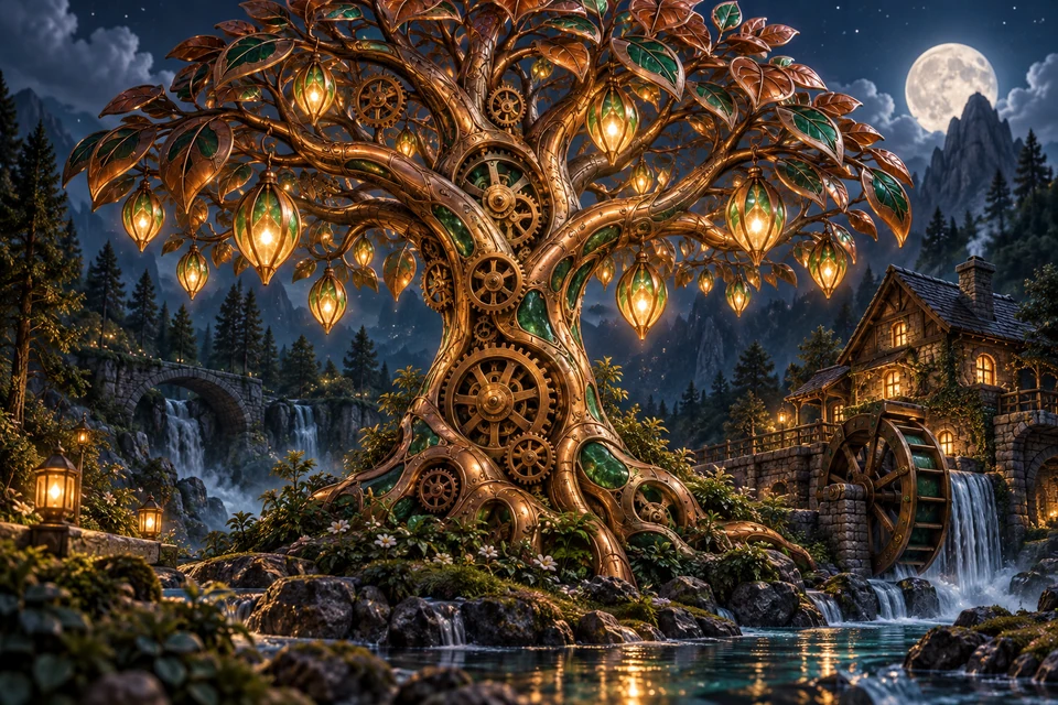 A brass tree of interlocking gears spreads a copper canopy over a midnight woodland mill, glowing seed pods hanging among mechanical branches