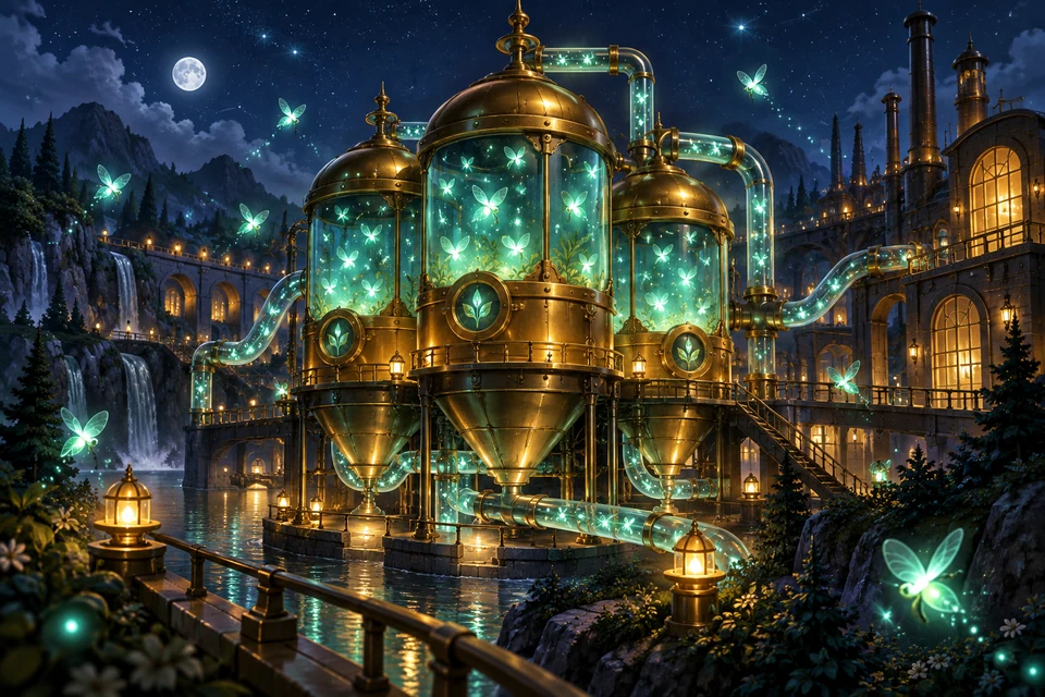 Luminous teal fireflies illuminate rounded brass seed silos, their light tracing branching pipes through a starry midnight factory yard