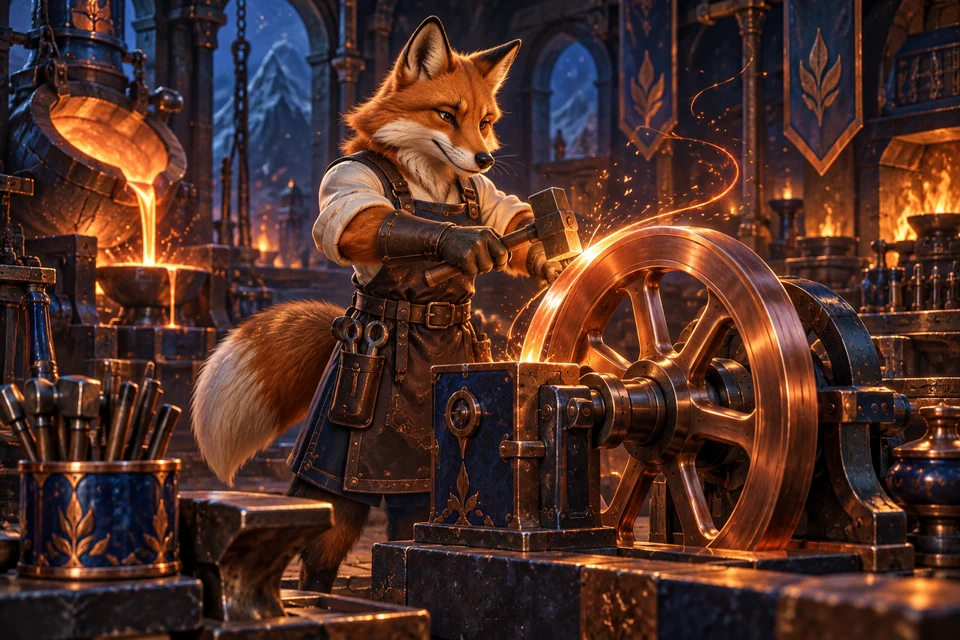 A russet fox metalsmith works a glowing copper flywheel in a blue-black foundry, with curling amber embers and chunky enamel tools