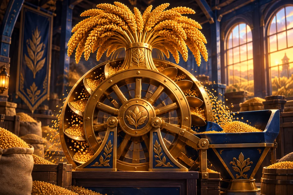 A golden millet sheaf crowns a brass threshing wheel, arcing amber grains into a navy hopper inside a sunlit harvest workshop