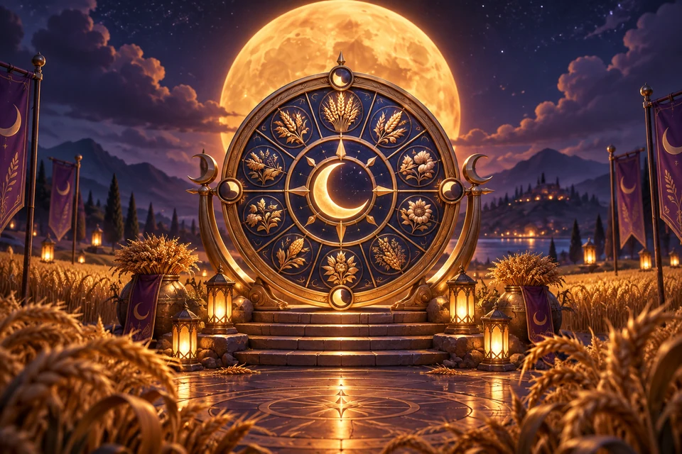A giant amber harvest moon illuminates a circular brass grain calendar among midnight fields, crescent engravings and warm lantern light