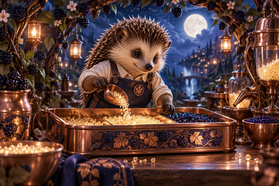 A dignified hedgehog artisan gathers luminous grain beads in a copper sorting chest beneath bramble arches in a moonlit workshop