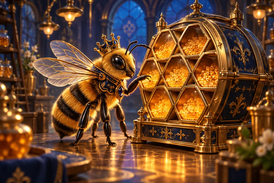 A regal honeybee inspects an ornate brass honeycomb grain store, each hexagonal chamber glowing with amber kernels against a deep blue workshop