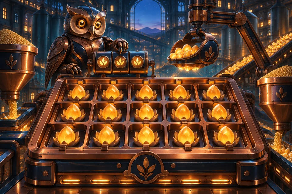 A mechanical owl inspects fifteen glowing kernel compartments in a copper grading machine