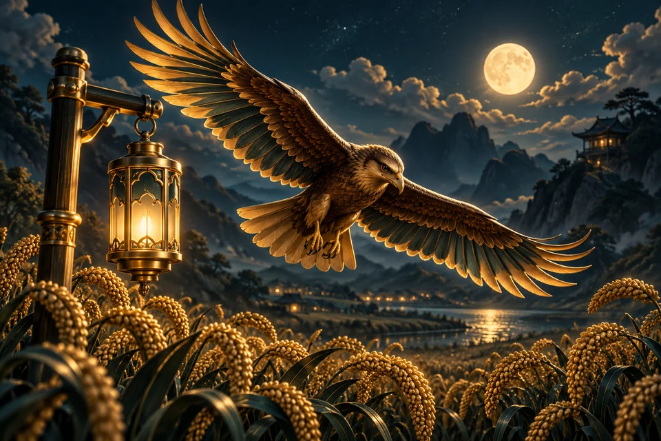 A majestic marsh harrier banks over a brass lantern hoist above midnight millet fields, its outstretched wings catching golden light