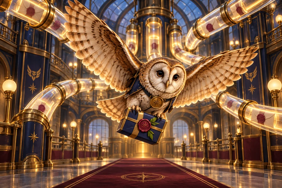 A graceful tawny owl carries a navy-and-gold seed parcel through a brass pneumatic mail hall, five glowing delivery tubes curving behind it