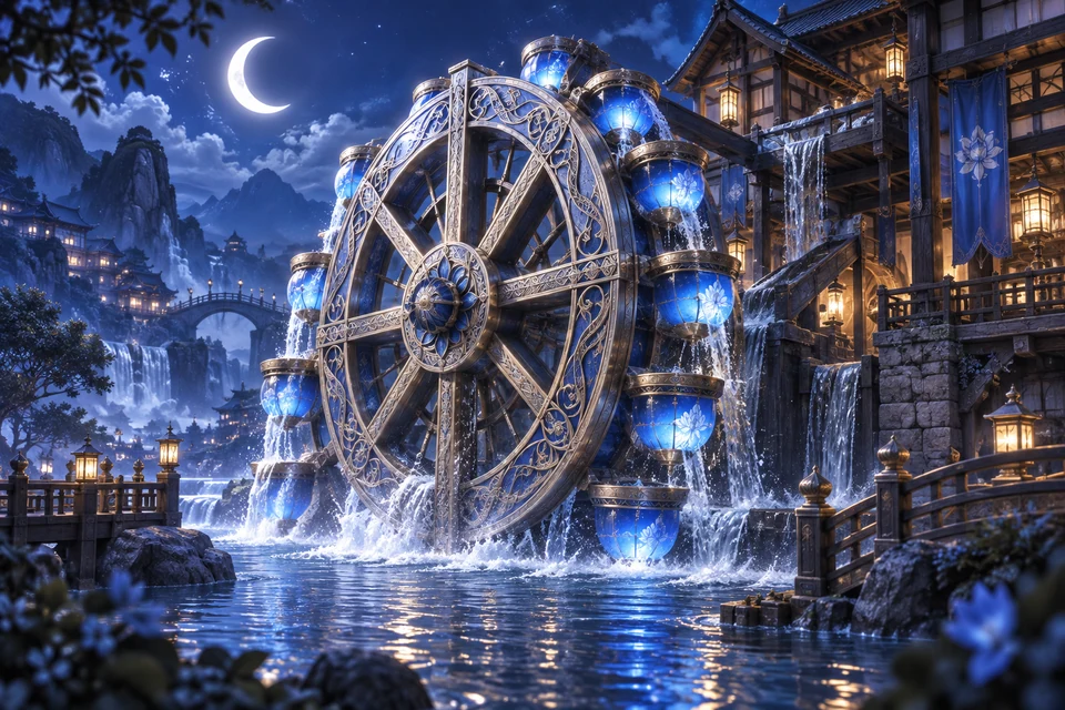 An enormous silver waterwheel turns beneath a crescent moon, lifting blue grain lanterns through an indigo riverside mill