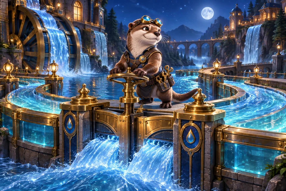 A sleek otter engineer connects luminous blue water channels through a brass mill lock, silver-blue currents swirling in the night