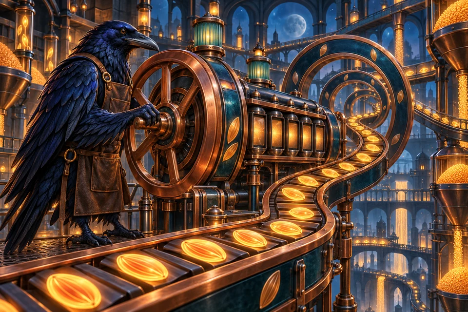 A midnight raven operates a copper rewind wheel beside a glowing seed-token conveyor