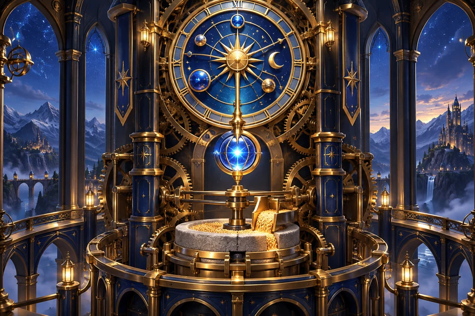 A majestic sapphire-and-brass astronomical clock regulates a precision grain mill, its luminous pendulum framed by elaborate gears in a navy tower