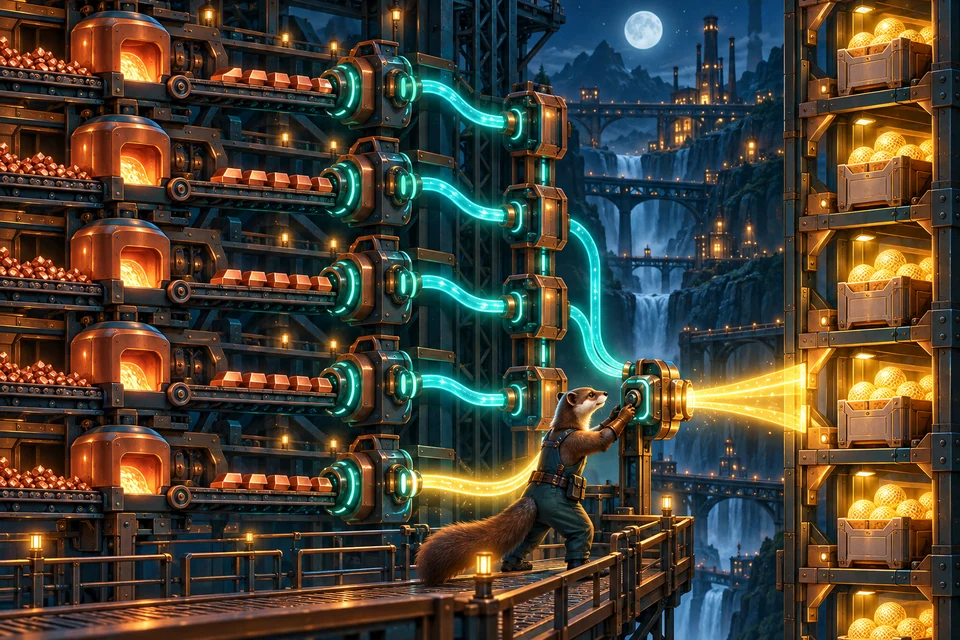 A pine marten activates luminous relay cables between production lanes and dispatch crates
