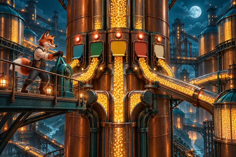 A fox engineer routes glowing millet through five copper silo gates at night