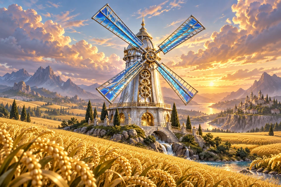 A magnificent silver windmill with blue glass sails rises above golden millet fields beneath luminous evening clouds, precision gears in its heart