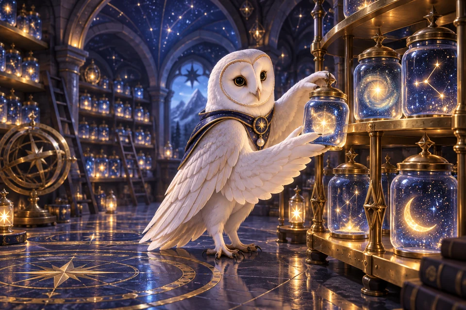 A snow-white barn owl arranges glowing star-filled grain jars on brass shelves in a vaulted indigo cellar lit by tiny constellations