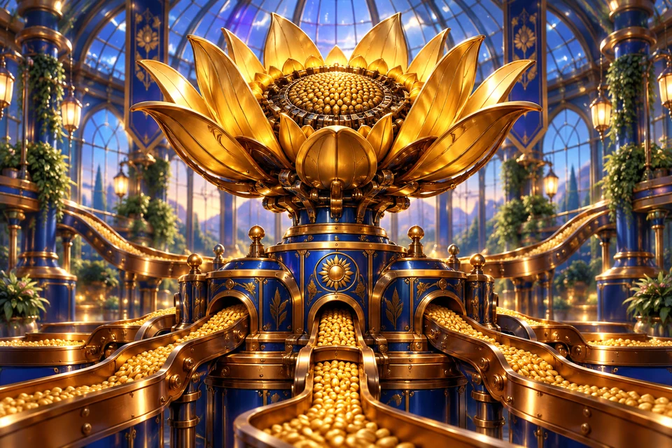 An enormous mechanical sunflower opens golden petals over a brass grain-routing switchboard in a royal-blue glasshouse