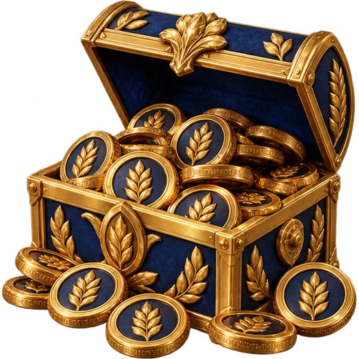 An open golden chest filled with fictional wheat-stamped tokens