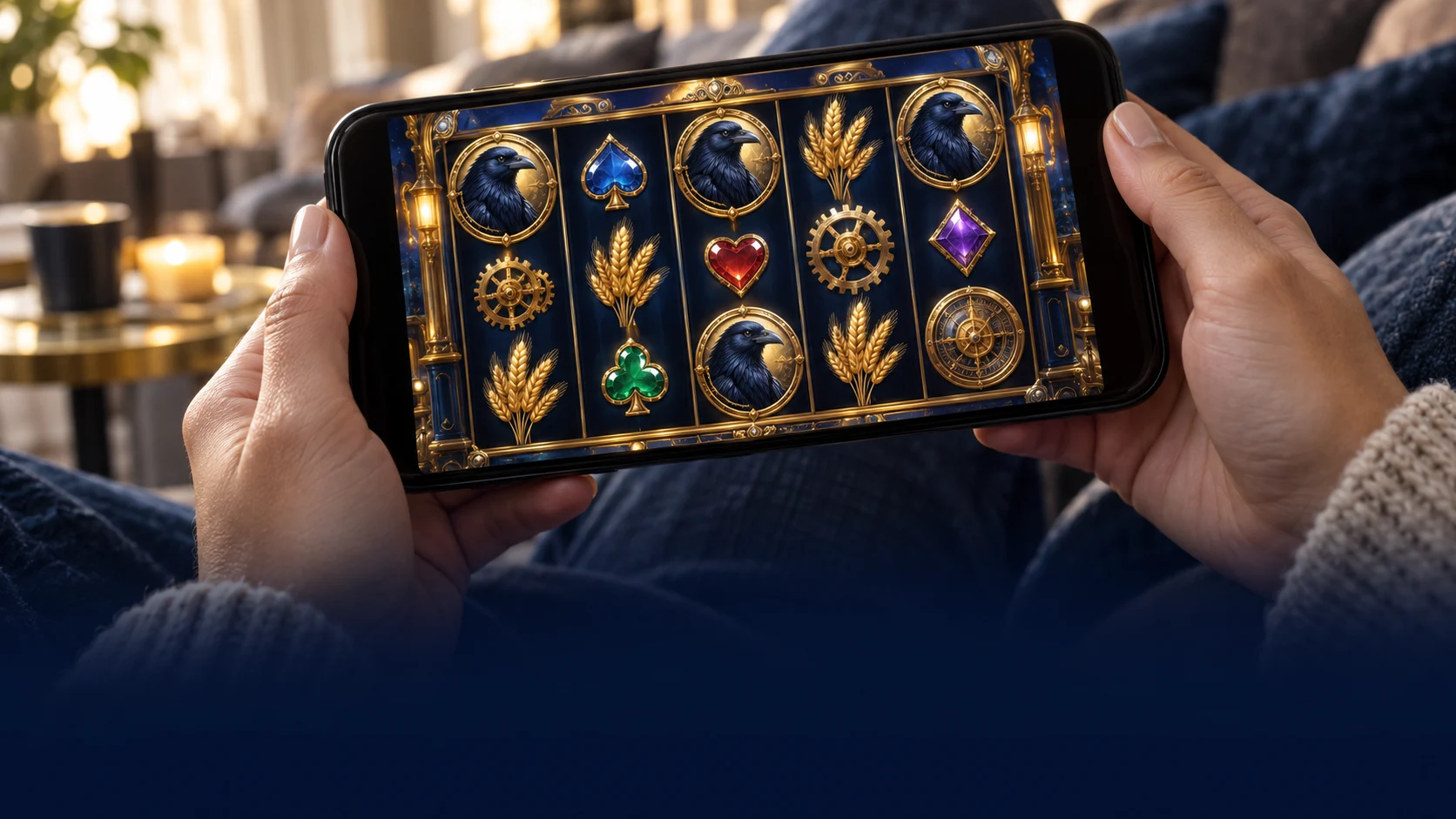 An adult enjoying a gold and navy free-play game on their phone